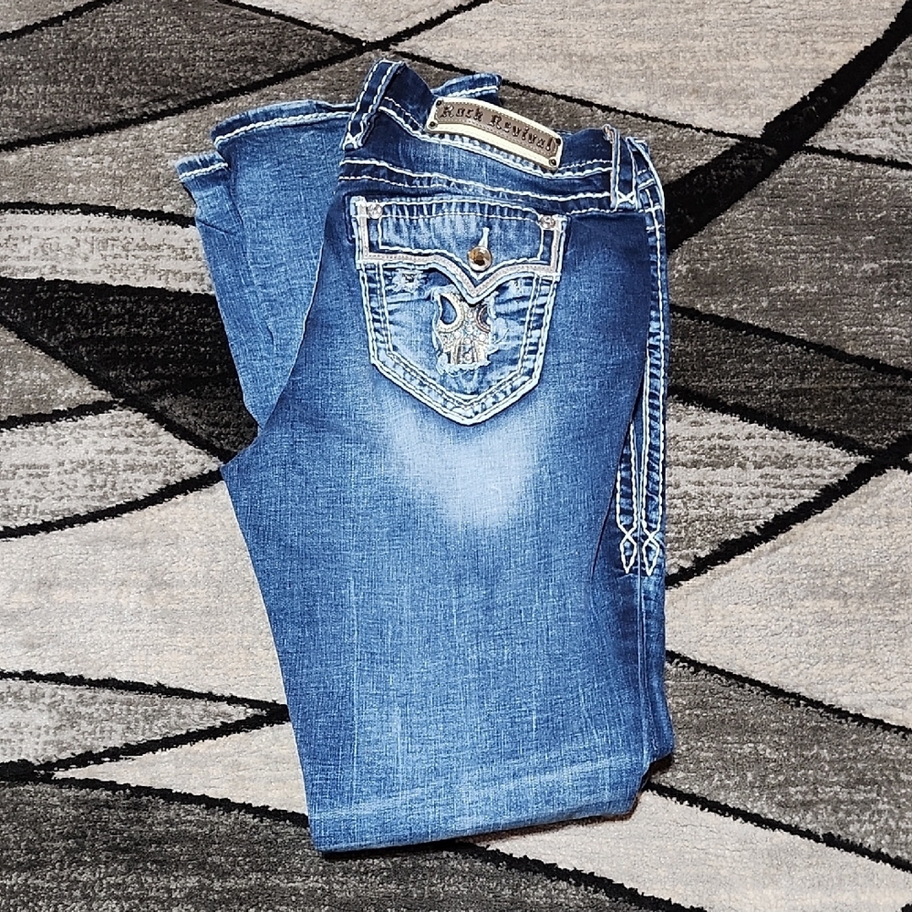 ROCK REVIVAL YUI EASY-FIT RHINESTONE DESTRUCTION FAUX-FLAP DENIM BOOT JEAN